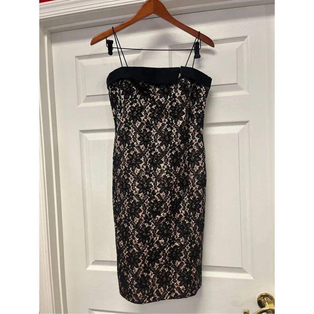Talbots Black Lace Over Nude Satin Spaghetti Strap Cocktail Wiggle Dress sz 4 EU